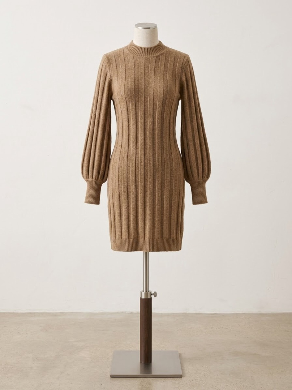Vero Moda Ribbed Balloon-Sleeve Knit Dress in Camel